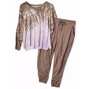 AnyBody Tie Dye Lounge Set Knit Top Jogger Pants Taupe Lavender XL